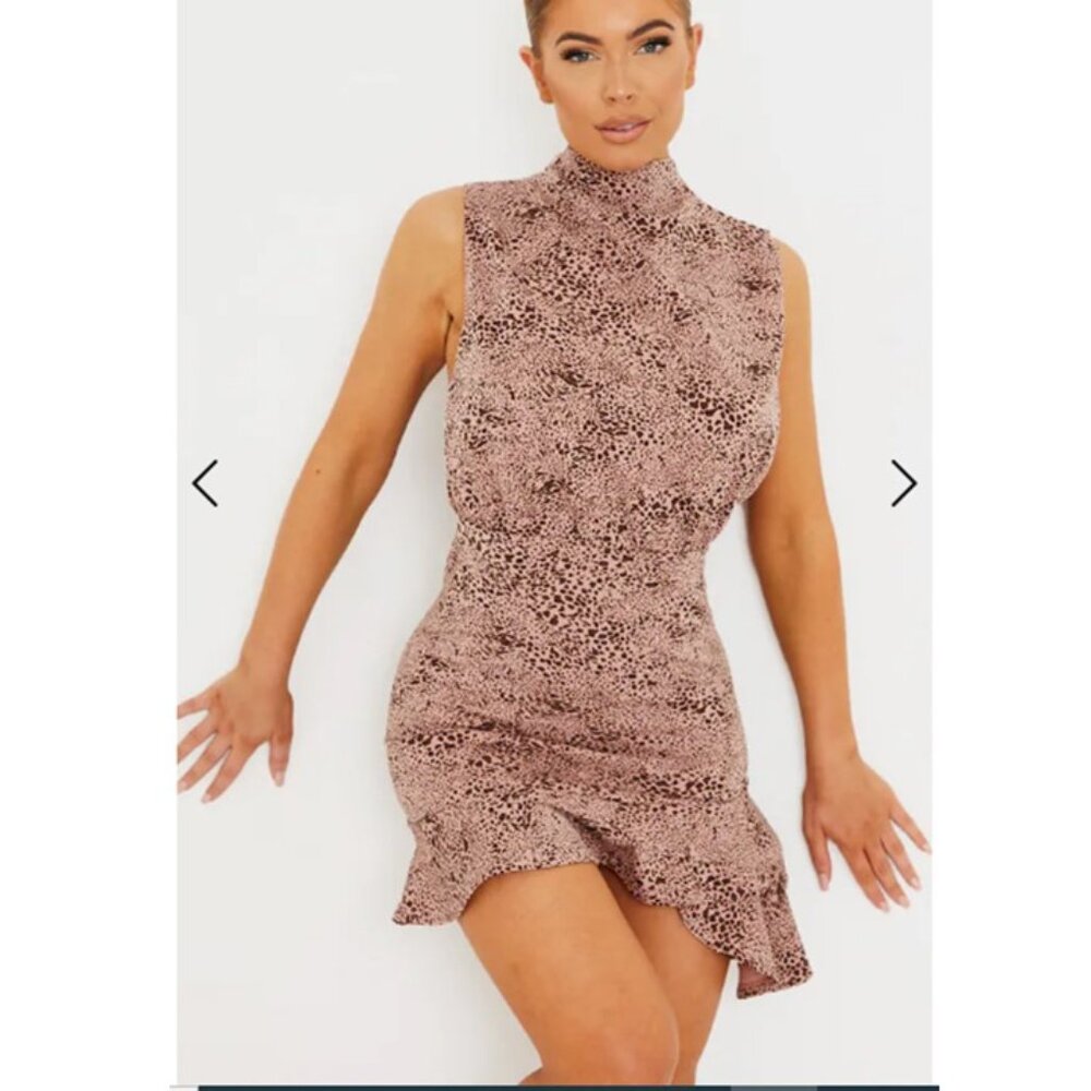 PrettyLittleThing Dusty Pink Dalmatian High Neck Frill Hem Bodycon Dress Size 10
